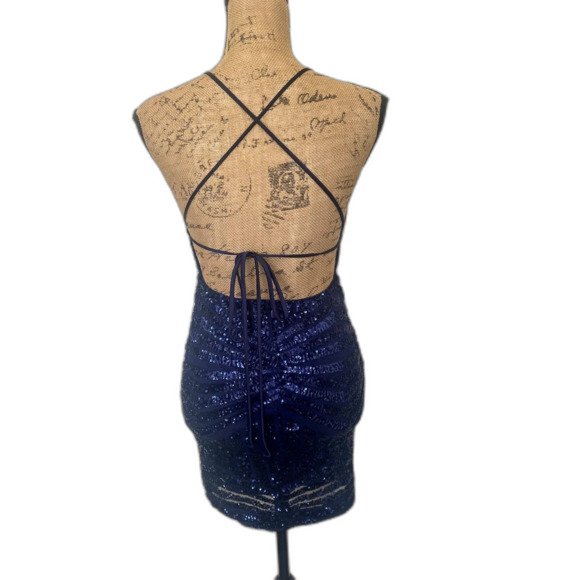 PromGirl Sequin Lace Up Back Mini Dress Semiformal Plunge Navy Blue Size Small - Picture 4 of 5